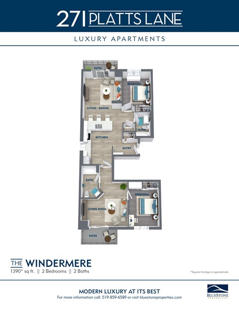 Floor plan for 2 beds, 2 baths, 1390 sqft